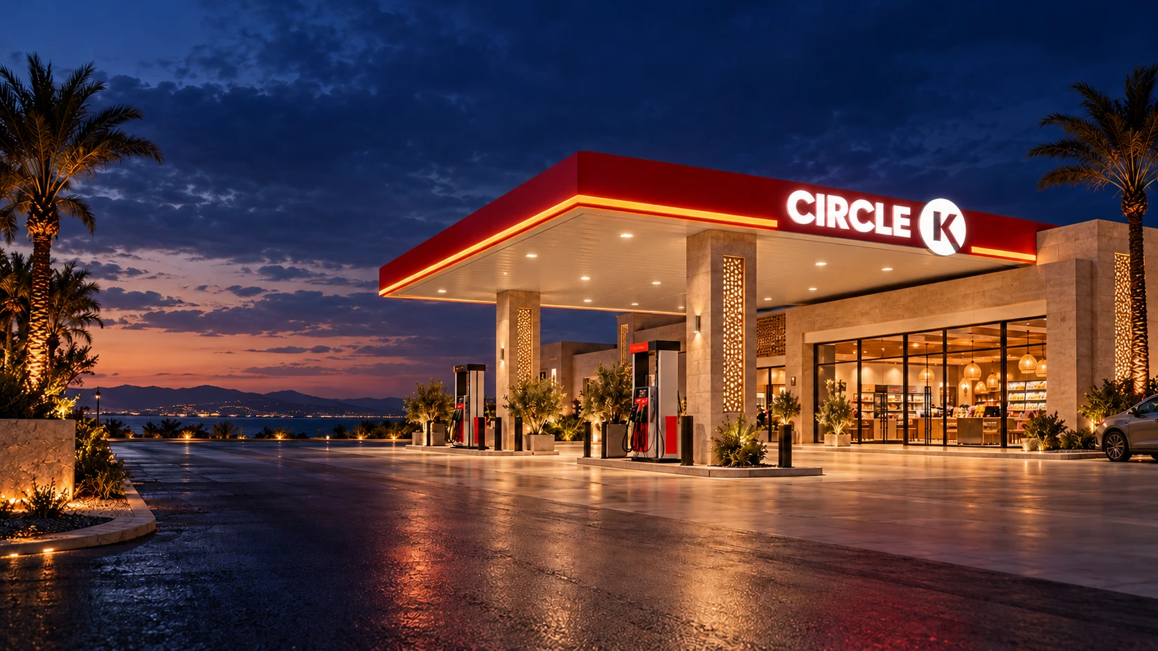 Perspective architecturale d’intention d’une future station Circle K au Maroc